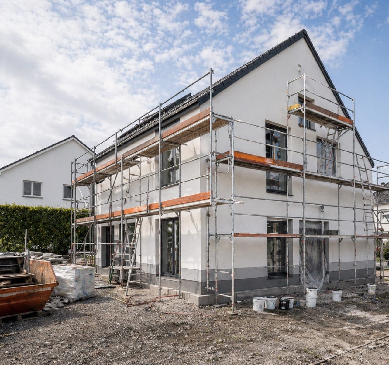 Neubau eines Einfamilienhauses mit Gerüst, davor Baumaterial