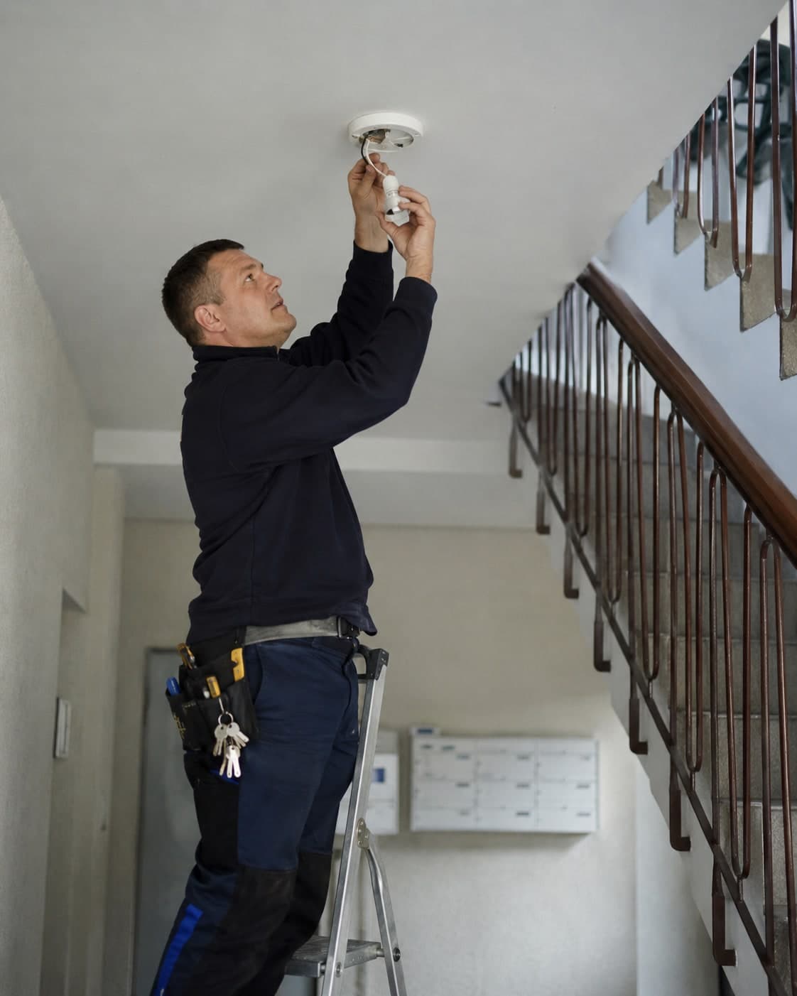 Hausmeister arbeitet im Treppenhaus an einer Deckenleuchte