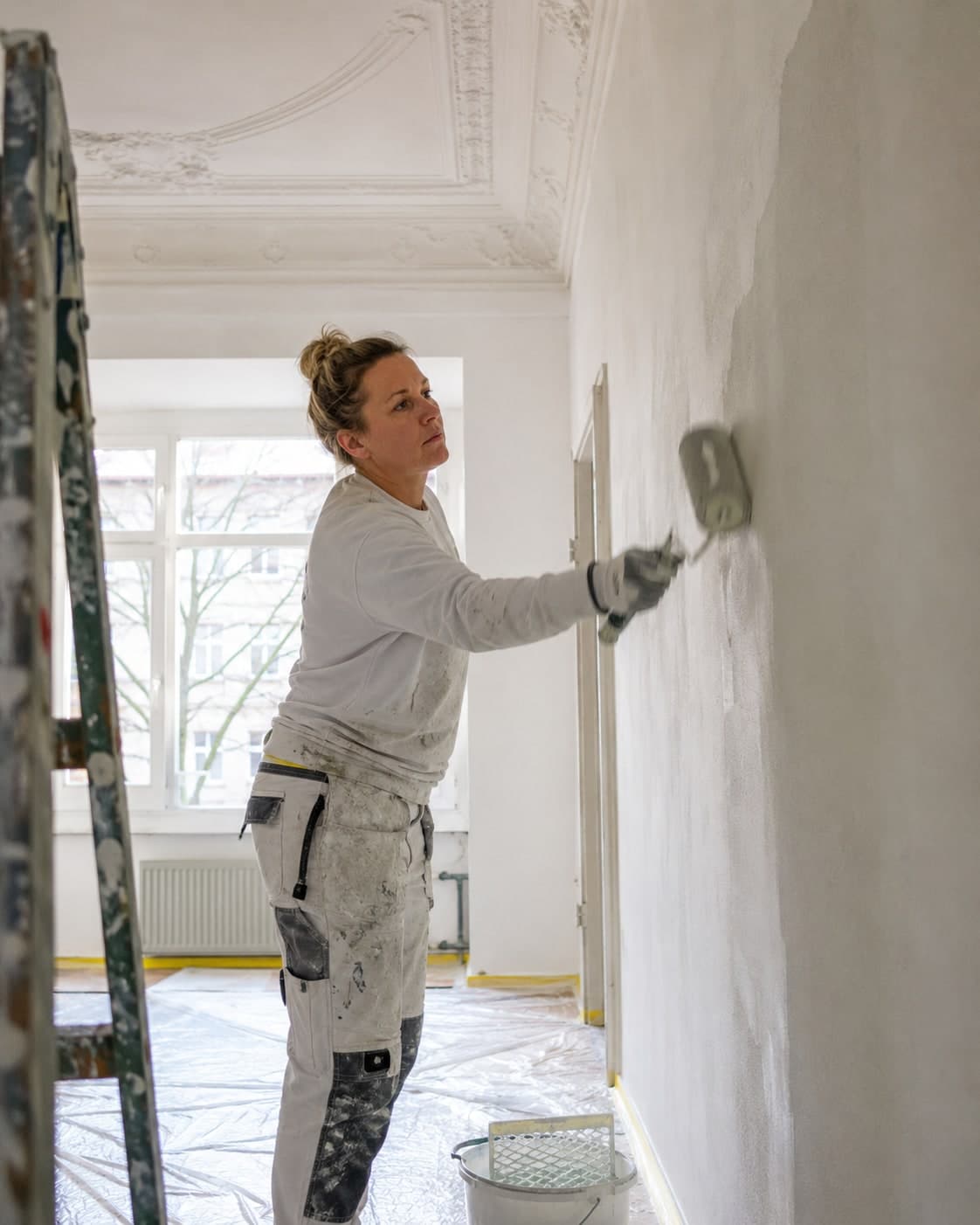 Malerin rollt in einem Altbauzimmer mit Stuckdecke eine Wand, der Boden ist mit Folie abgedeckt