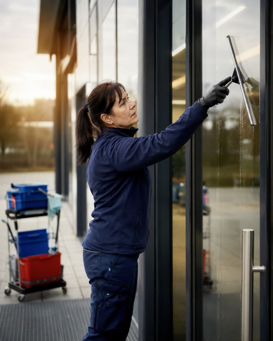 Reinigungskraft zieht eine Glasfront mit dem Abzieher ab, daneben steht ein Reinigungswagen
