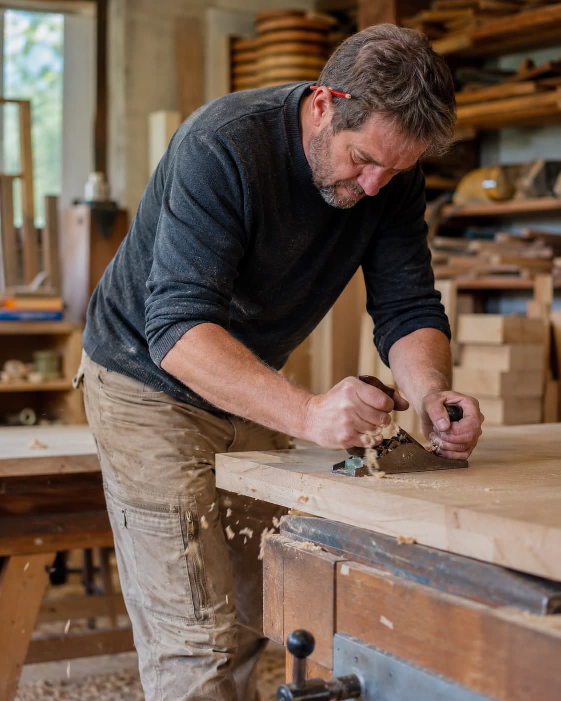 Schreiner hobelt eine Holzplatte an der Hobelbank