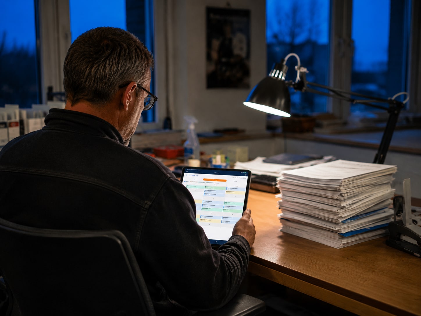 Handwerksmeister prüft Rechnungen am Tablet — der Papierstapel daneben hat ausgedient