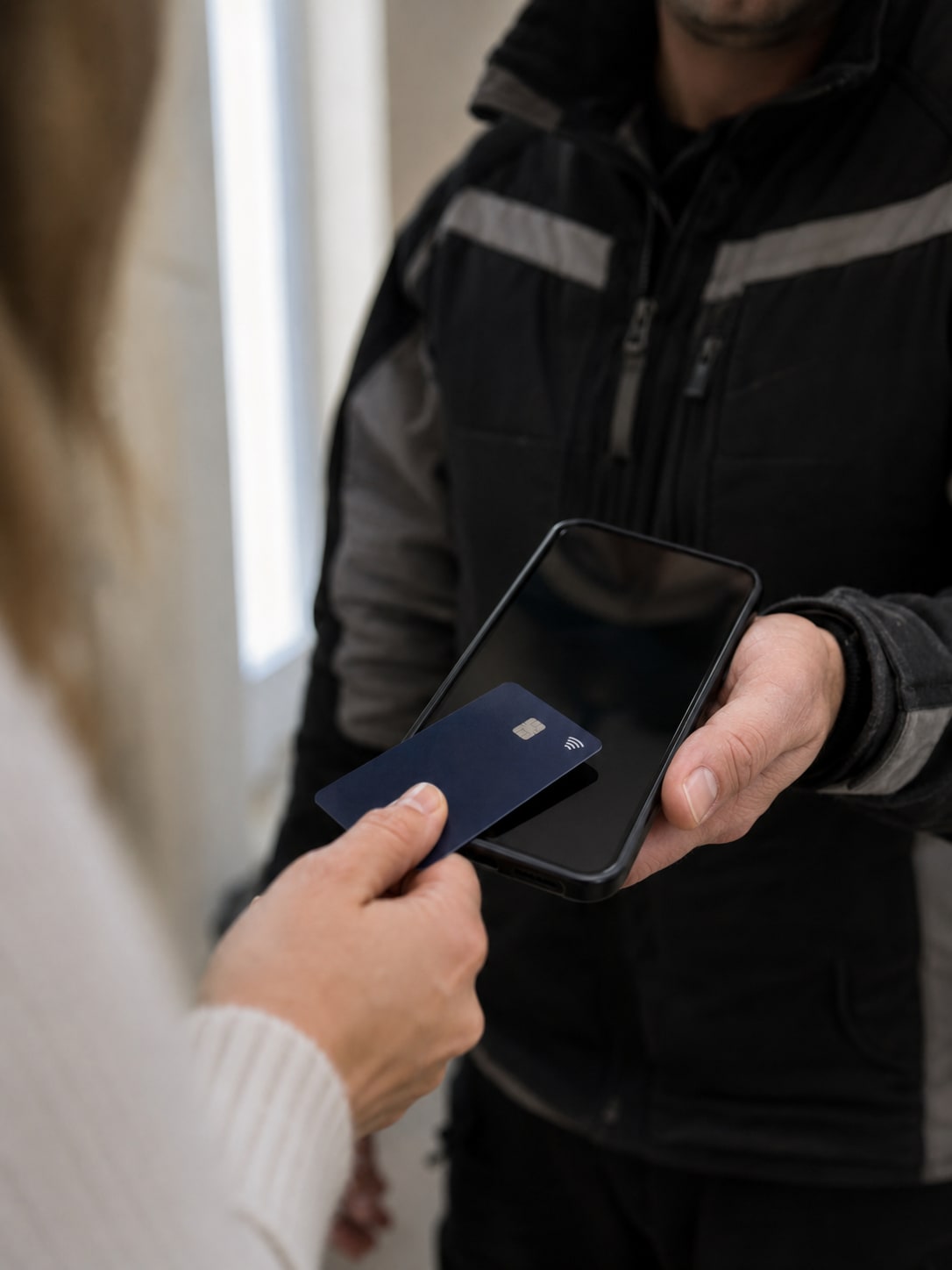 Kunde hält seine Girocard an das Smartphone des Handwerkers — Tap to Pay mit Meistron