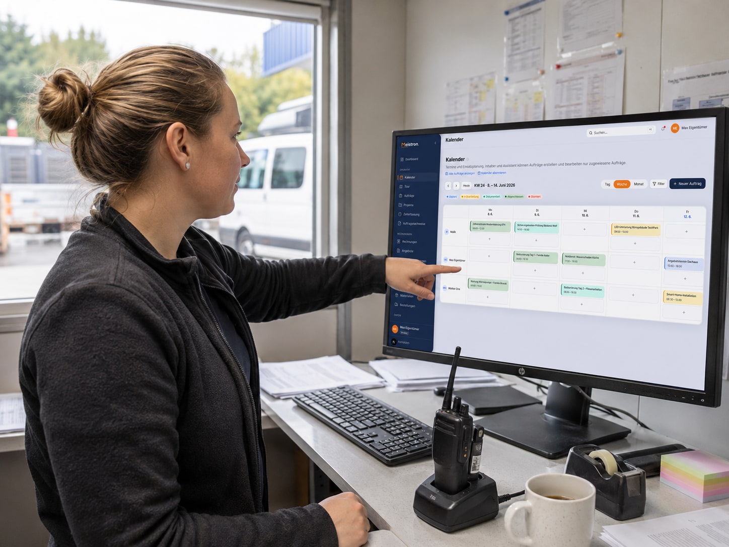 Büro-Mitarbeiterin disponiert Aufträge im Meistron-Teamkalender am Monitor