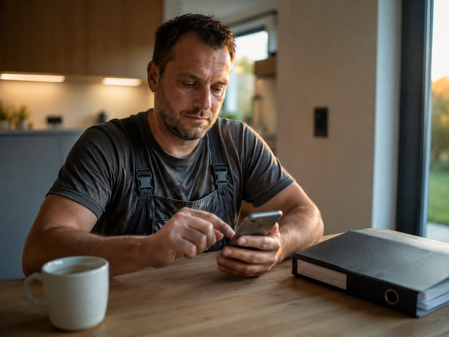 Handwerker erledigt die Rechnung entspannt am Smartphone — kein Papierkram am Feierabend