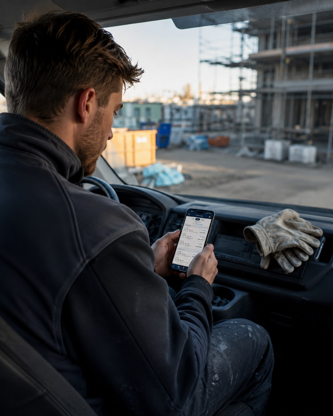 Monteur erfasst seine Arbeitszeit am Smartphone in der Fahrerkabine seines Transporters