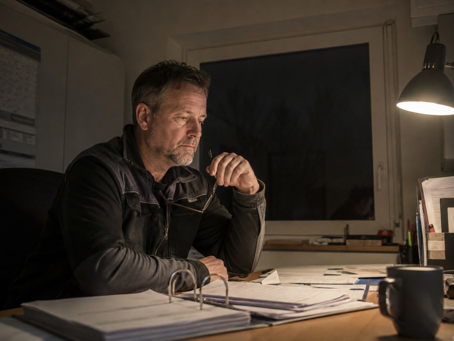 Handwerksmeister sitzt abends über offenen Rechnungen im Betriebsbüro